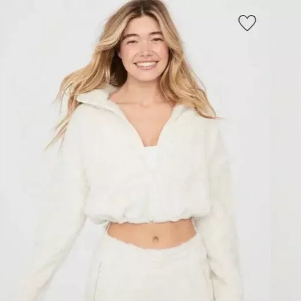 Aerie Offline White Fluff Teddy Cropped Sherpa Full Front Zip Medium Oversized